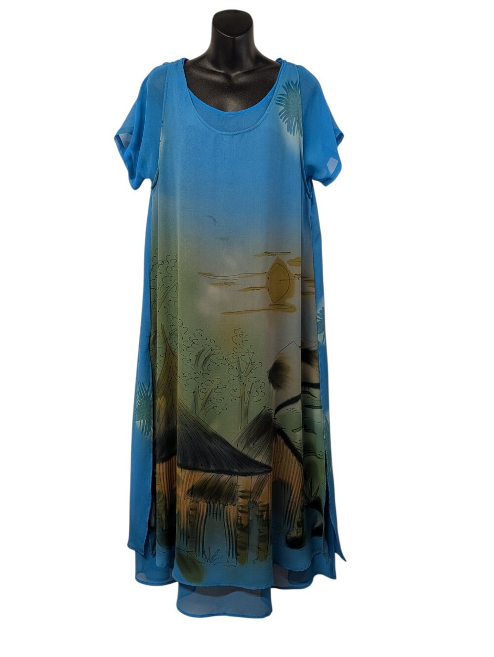 Kloz Lyne Women's Blue Scenic Print Chiffon Maxi Dress Scoop Neck Size M